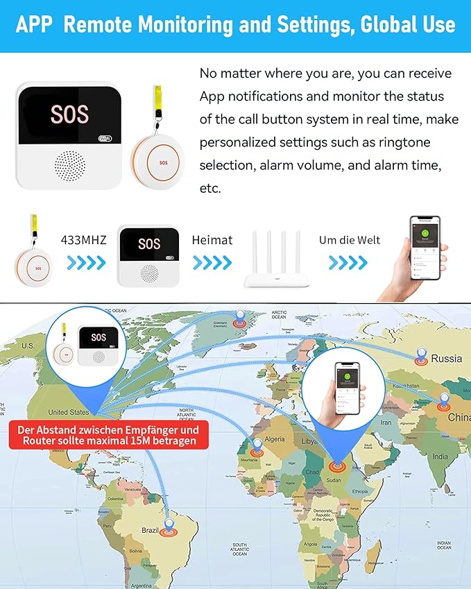 PILSAMAS WiFi Caregiver Pager Wireless Call Button with App Alert, Medical Alert Systems for Seniors No Monthly Fee- 2 Caregiver Call Button + Wristband Panic Button, Alert Button for Seniors at Home