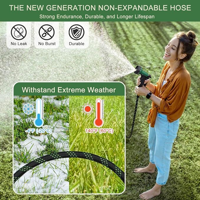 Garden Hose 100 ft, Non-Expandable Flexible Water Hose with 10 Function Spray Nozzle, Lightweight, Leak Proof, Kink-Free, Portable Hose for Outdoor, Yard, Lawn, High-Density Fabric, Black Green