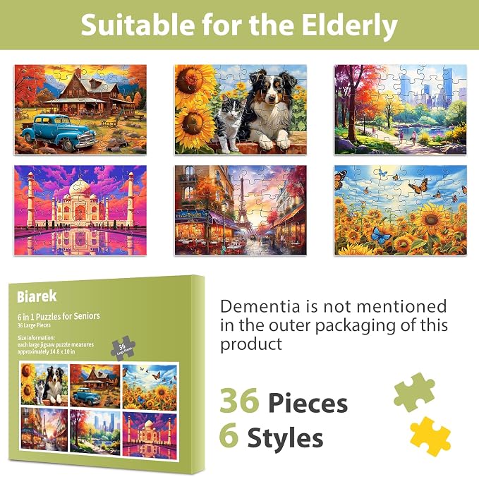 Biarek 6 Pack 36 Large Piece Puzzles for Seniors Puzzle Dementia Alzheimer's Products Activities for Elderly Adults Easy Jigsaw Puzzle Alzheimer's Gift for Patients in Nursing Home with 6 Storage Bags