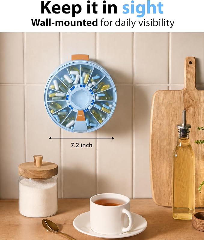 Pill Dispenser 14 Day – Rotating Medicine Organizer Wheel with Push Button, Wall Mounted or Desktop Manual Pill Dispenser for Elderly & Seniors, Large Capacity Vitamin & Medication Organizer