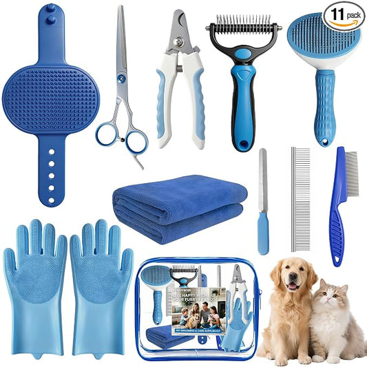 11 Piece Dog Grooming Kit - Hair, Nail, Massage Bath Supplies For Pets Cats | slicker dog brush for shedding，comb, undercoat rake, nail clipper tool, towel, scrubber gloves, scissors, all in one fur care