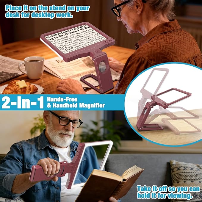 30X 6X Rechargeable Magnifying Glass for Reading, Large Full Page Magnifier with Folding Stand, 3 Color Light Modes, Dimmable LED Lighted, Hands Free Book Magnifier for Low Vision Seniors, Red