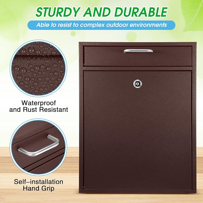 Yaocom Locking Mailbox with Key for Outdoor 18 x 15 x 7 Inches Large Wall Mount Mail Box with Lock Security Mail Drop Metal Collection Boxes Hanging Secure Postbox (Brown)