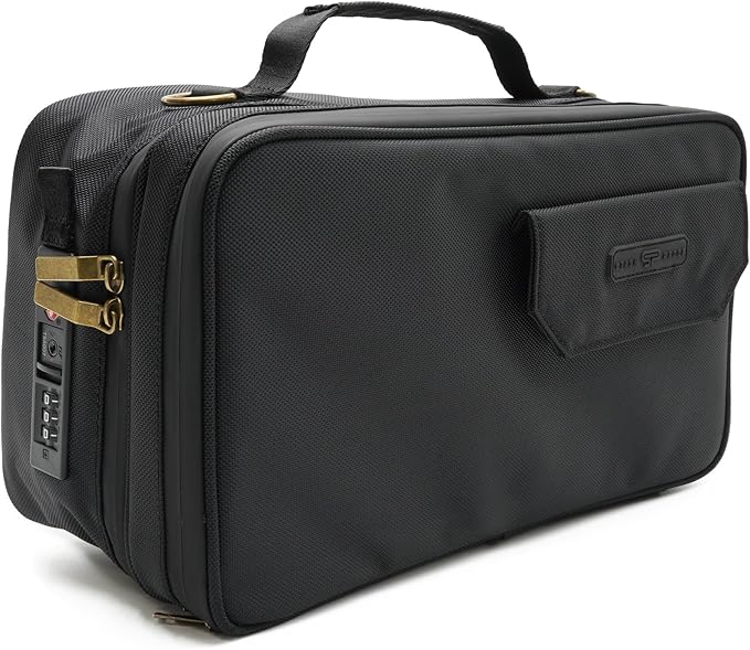 Large Storage Case with TSA Combination Lock Bag, Portable Carbon Lined, XL Medicine Lockable Box for Travel & Home Secured Box Organizer Divider Jars Accessories, Removable Tray (Black)