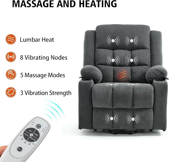 Ketaiyou Electric Power Lift Recliner Chair Sofa with Massage and Heat for Elderly, USB and Type-C Ports, Cup Holders, Infinite Position (Dark Grey, Regular)