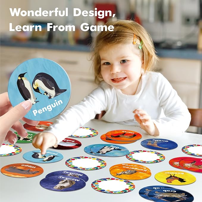 Hebayy Realistic Animal Matching Game, 50 PCS Round Animal Memory Matching Cards for Toddlers 25 Pairs Real Animal Memory Cards Educational Toys for Preschool Boys & Girls 4 5 6 Years Old