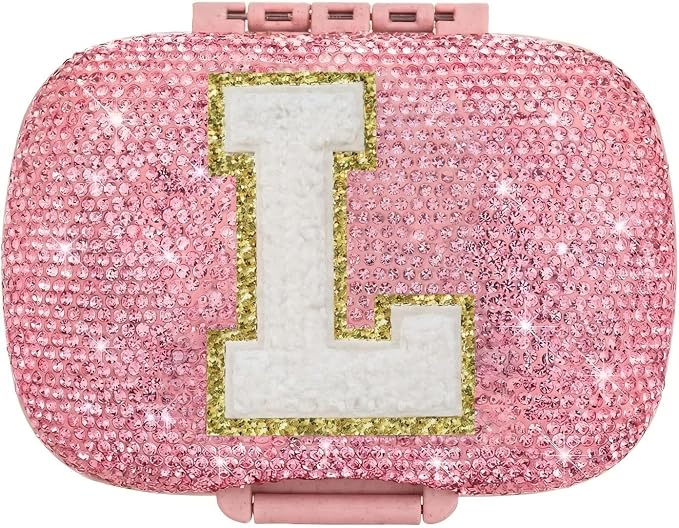 Cute Pill Organizer Small Bling Pill Case for Purse Medicine Vitamin Container Holder Daily Pill Box Container for Women Travel Medicine Kit(Letter L Pink)