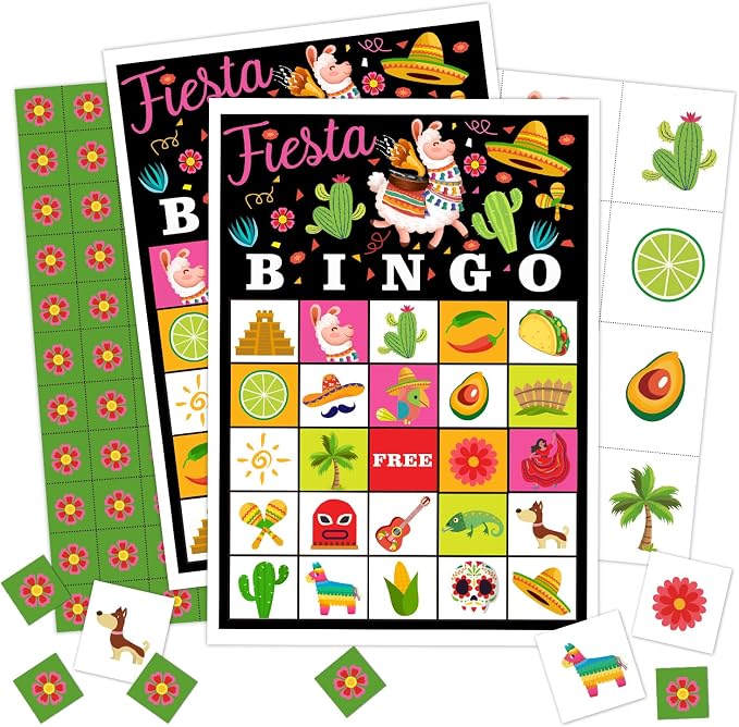 Fiesta Party Bingo Cards, 24 Player Mexican Llama Party Bingo Game for Family Adult, Cinco De Mayo Party Favor, Large Group Party Celebration Activity -01