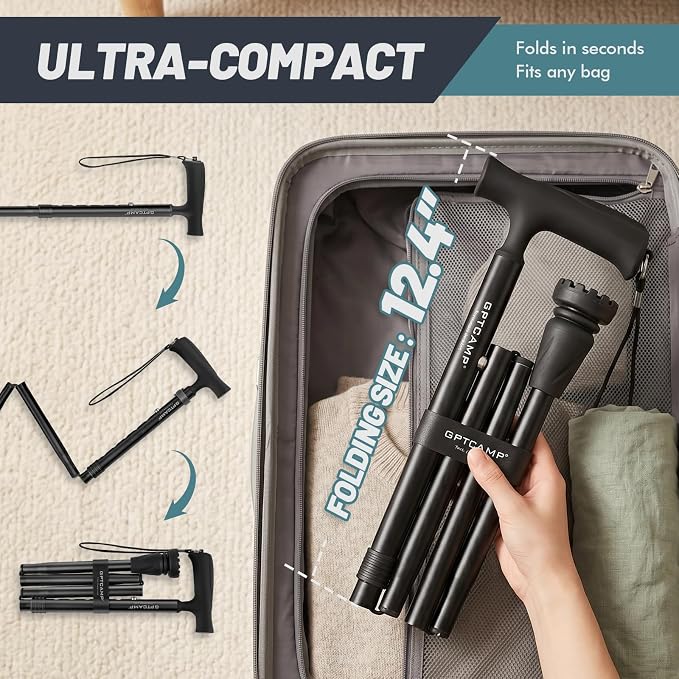 GPTCAMP G2 Walking Stick, Fold-up Walking Cane for Women and Men with Wrist Strap, Portable, Foldable, Collapsible, Lightweight and Sturdy with Comfortable T Handle