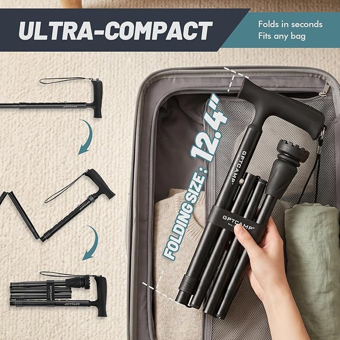 GPTCAMP G2 Walking Stick, Fold-up Walking Cane for Women and Men with Wrist Strap, Portable, Foldable, Collapsible, Lightweight and Sturdy with Comfortable T Handle