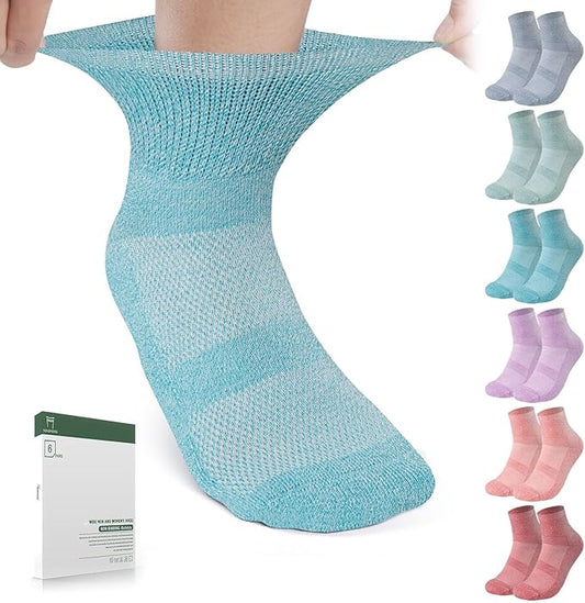 Bulinlulu Bamboo Viscose Diabetic Socks, 6 Pairs Non Binding Ankle Socks, Reinforced Toe, Size 6-9/9-11/13-15