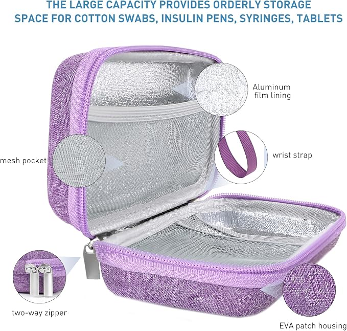 suzamed Insulin Cooler Travel Case,EVA Insulation Travel Medicine Kit with 2 Ice Packs for Diabetes Care,Insulin Pen and Other Diabetic Supplies (Purple)