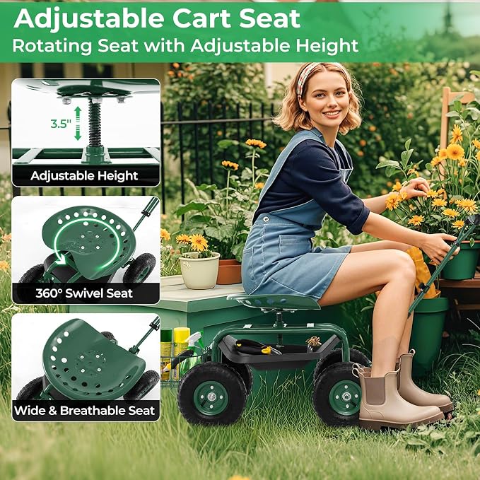 Garden Seat with Wheels, Rolling Stool with Extendable Handle, Storage Basket & Tool Tray, Garden Scooter with 360 Degree Swivel Seat for Outdoor & Yard (Green)