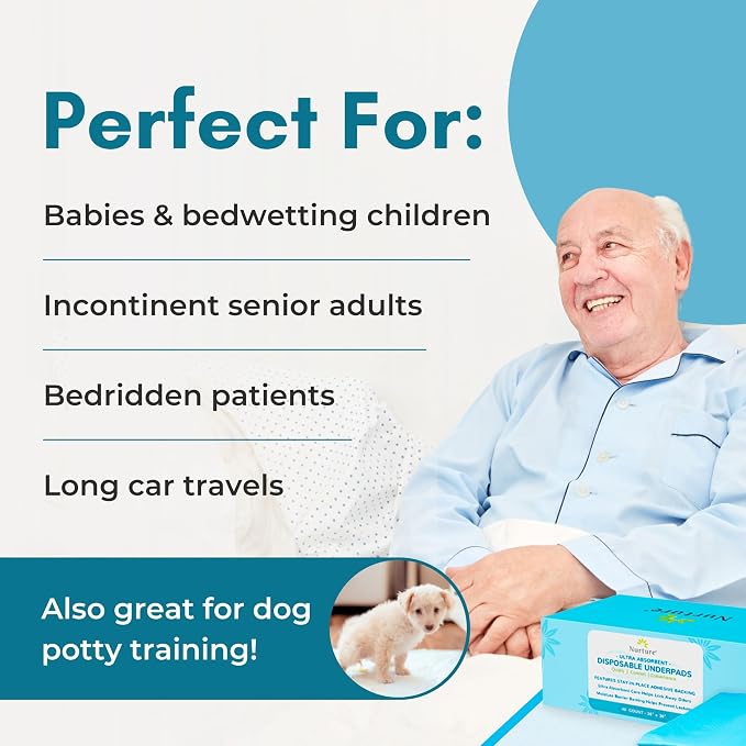 Nurture Heavy Duty Ultra Absorbent Bed Pads Chux Underpads - 24x36, 30 Pack | Waterproof disposable liners for adult incontinence chucks offer hospital grade protection, keeping sheet surfaces dry
