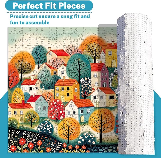 500 Piece Jigsaw Puzzle for Adults & Seniors, Colorful Folk Art Village with Charming Houses & Flowers, Brain Teaser Puzzle Game, Home Decor, Birthday Gift