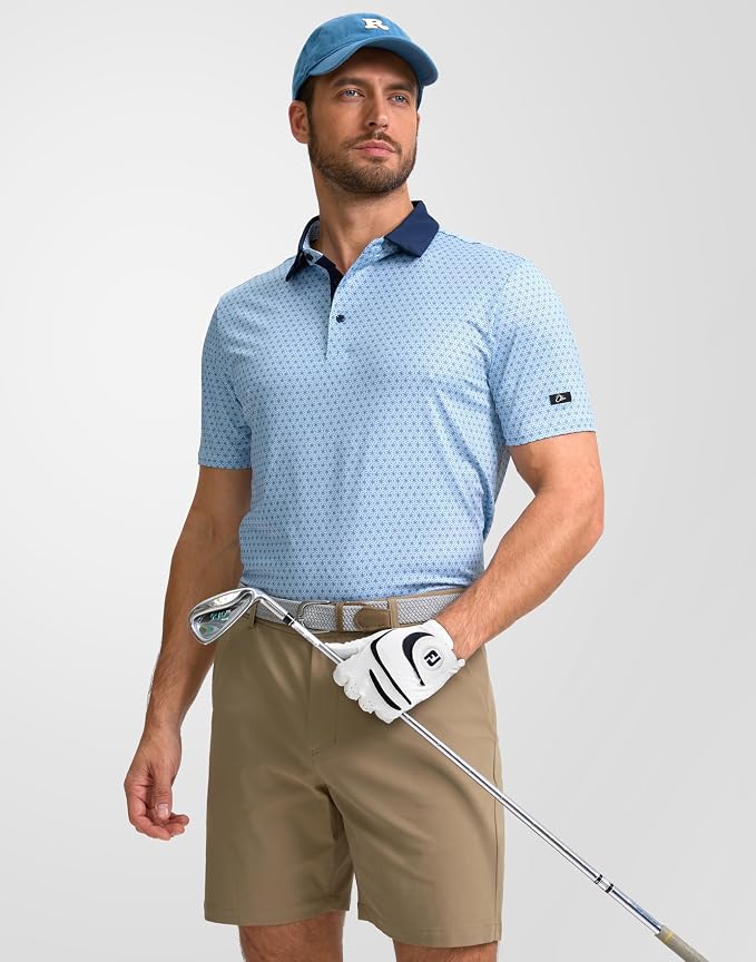 Obla Mens Golf Polo Shirts Short Sleeve Dry Fit Performance Moisture Wicking Casual Print Collared Golf Shirts for Men