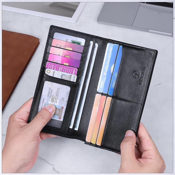 VISOUL Leather Checkbook Cover Wallet for Men with RFID Blocking, Mens Long Bifold Cash Tall Wallet with 11 Credit Card Slots 1 ID Window (Black+Black)
