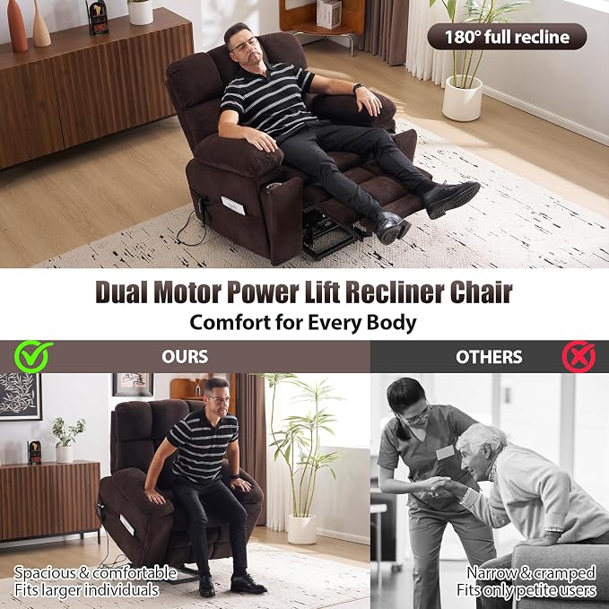 Power Lift Recliner Chair for Elderly, Dual Motor Oversized Recliner with Heat & Massage, Adjustable Headrest, Lay Flat Zero Gravity Recliner with Cup Holder, USB/Type-C Ports & Storage-Brown