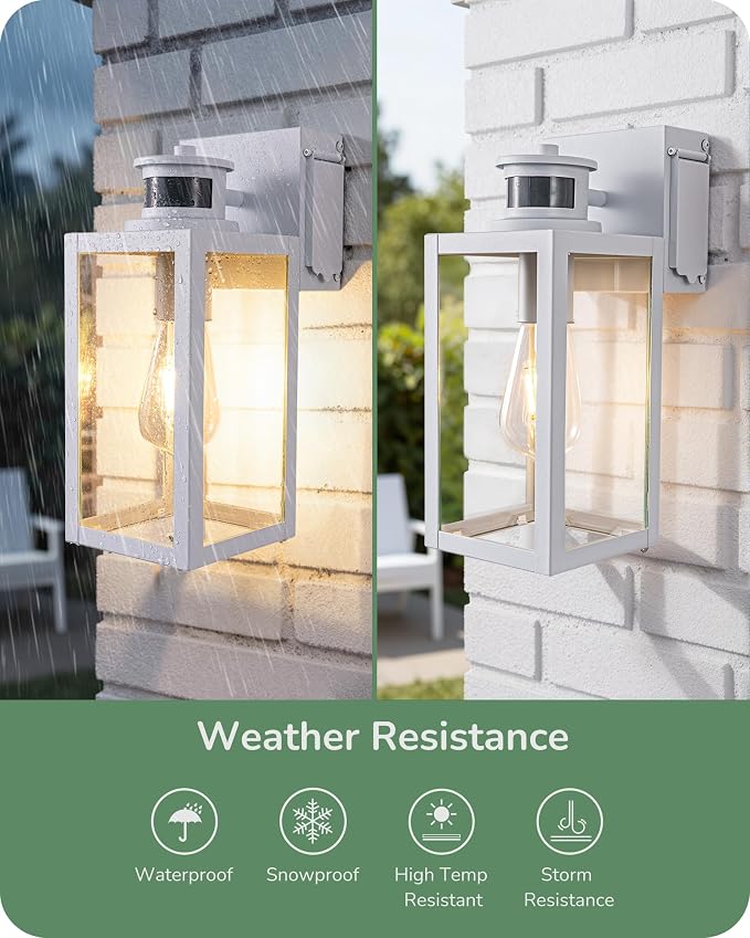 EDISHINE 2 Pack Motion Sensor Dusk to Dawn Outdoor Wall Light with Outlet | 12"H, 3 Modes, GFCI, Clear Glass, Anti-Rust, Dimmable, E26 Base, Porch Light for Front Door, Garage, Patio, White