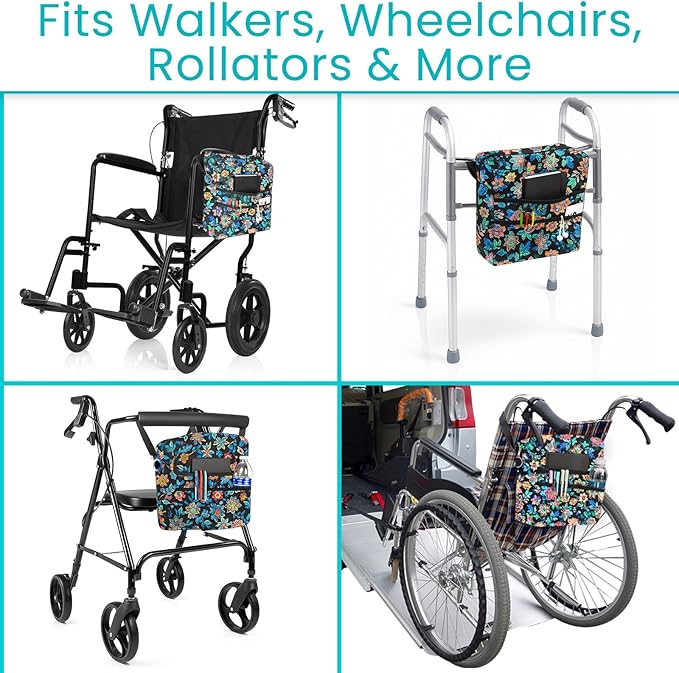 Vive Wheelchair Bag - Machine Washable, Double-Stitched, Water-Resistant Accessory Backpack for Rollators, Wheel Chairs, Walkers - Pouch with XL Pockets & Straps for Quick Installation (Black Floral)