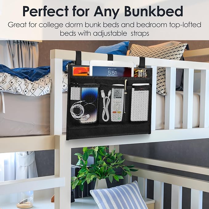 Bedside Caddy Storage Organizer, Hanging Storage Bag Pocket | Bunk/Hospital Beds, College Dorm Organizer for Remotes Phone,College Dorm,Camp,Bed Rails(4 Pockets),Black