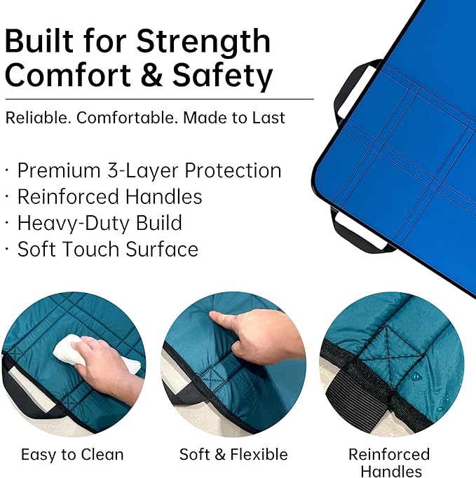 Upgraded 3-Layer Comfort Positioning Bed Pad with Handles Washable Waterproof Transfer Board for Turning Moving Patient Inconvenience Care Transfer Sheet, 60"x40", Extra Large, Ocean Teal