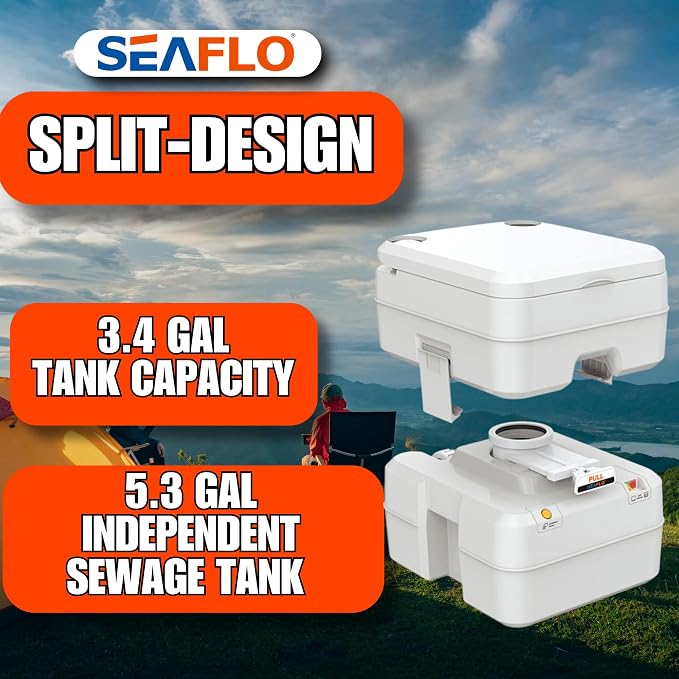 SEAFLO Premium Camping Portable Toilet - 5.8 Gallon Waste 3.43 Gall Fresh Tank (100 Flushes), 440 lbs Max Weight, Level Indicator, Sealed Waste Tank for RV, Boat, Elderly, Off-Grid, 4-Year Warranty