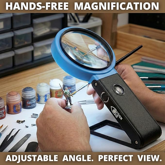 VisionAid Hands-Free Magnifying Glass with Stand, LED Lights, Loupe Handheld Illuminated Magnifier for Low Vision Seniors Coins Reading Jewelry