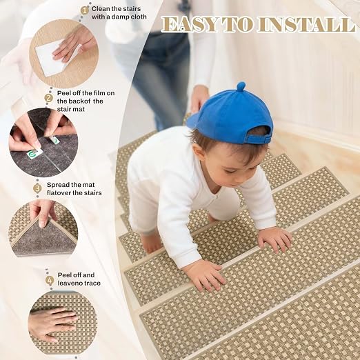 DEXDE Stair Treads for Wooden Steps 7-Pack Non-Slip Indoor, 9" x 30" Beige | Chenille & Linen Blend Carpet Stair Runners Backing, Soft Self-Adhesive Washable Stairway Step Covers for Kids Elders Dogs