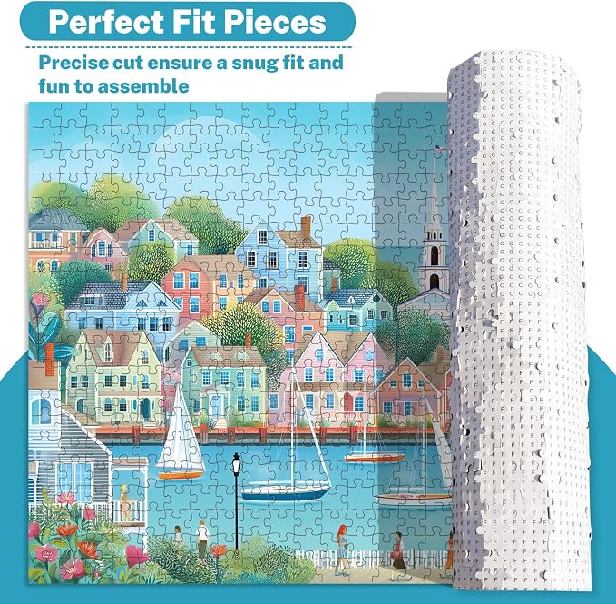 500 Piece Jigsaw Puzzle for Adults, Coastal Harbor Town | Coastal harbor town with sailboats, pastel houses, seaside views, poster, storage bag, back letters and thick cardboard