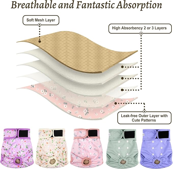 Female Dog Diapers 5Pcs - Premium Reusable Diapers for Doggie in Heat - Highly Absorbent Dog Diapers Female for Pet Incontinence with Adjustable Snaps, Flowers, XXL