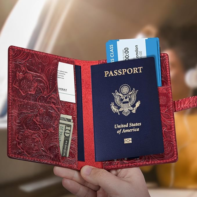 Genuine Leather Passport Holder Travel Bifold Wallet | For Men And Women Slim RFID Blocking Red