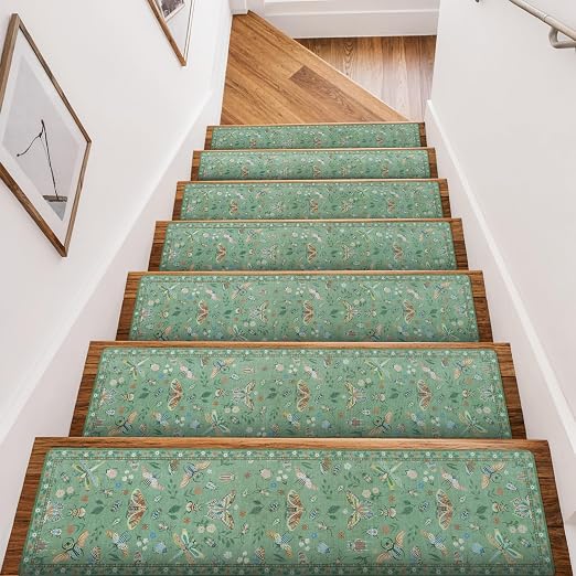 OJIA Insect Stair Treads Non Slip Stair Runner for Wooden Steps 15PC 8"x30" | Indoor Stair Runners Rubber Backed Carpet Treads for Wood Stairs Staircase Step Treads for Kids & Dogs,Stair Covers, Green