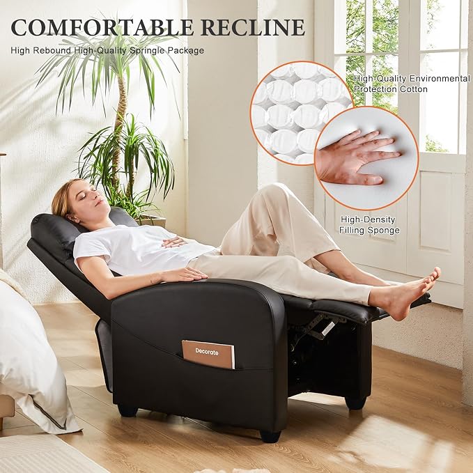 Sweetcrispy Recliner Chair Fabric Recliner Sofa No Massage, Home Theater Seating with Lumbar Support, Adjustable Push Back Overstuffed High-Density Sponge Reclining for Living Room, Black