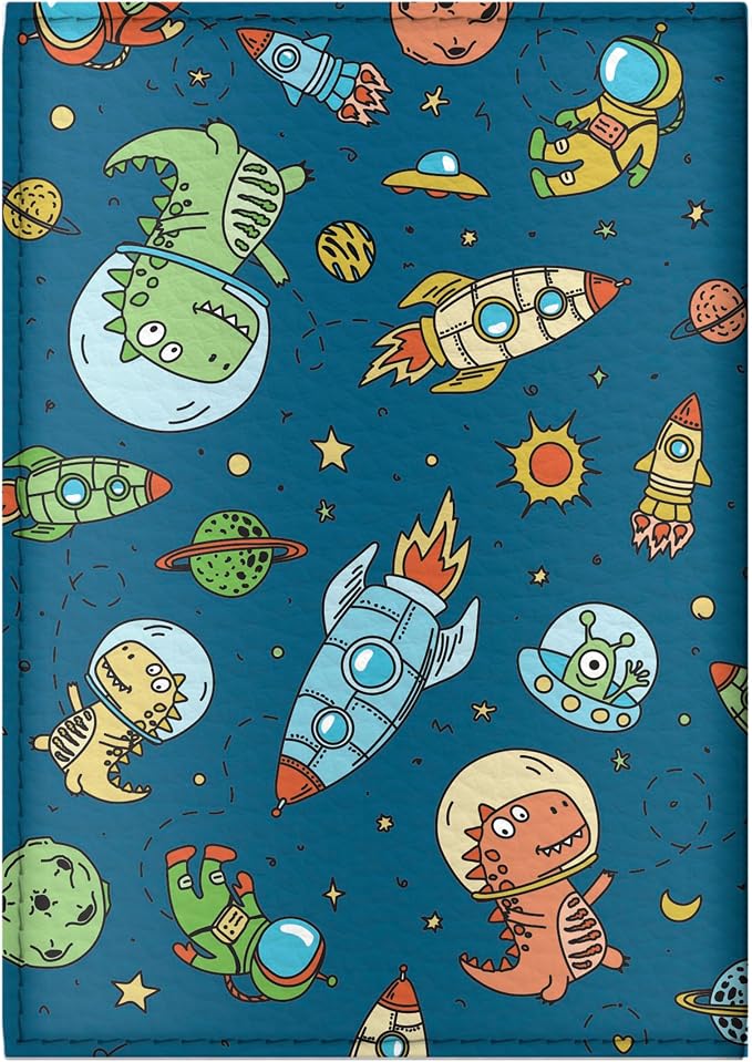 Passport Cover for Kids, Women and Men, Cute Travel Passport Holder (Dinosaur Rocket Pattern)