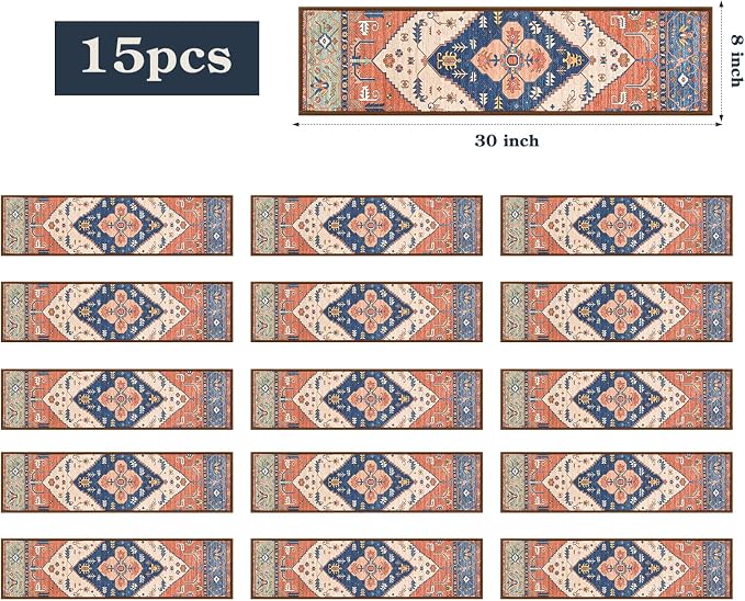 Lahome Stair Treads Non Slip 15 Pack 8" X 30" Stair Treads for Wooden Steps, Washable Self Adhesive Stair Runners Stain Resistant Stair Carpet, Edging Stair Rug for Kids, Elders and Dogs Dorie, Rust