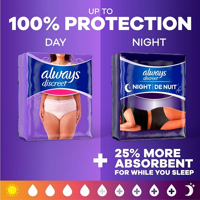 Always Discreet Night, Reimagined Adult Diapers for Women, Extended Overnight Absorbency Incontinence and Postpartum Underwear Size XL/XXL, 360 Degree Coverage While Laying Down, 14 Count (Pack of 2)
