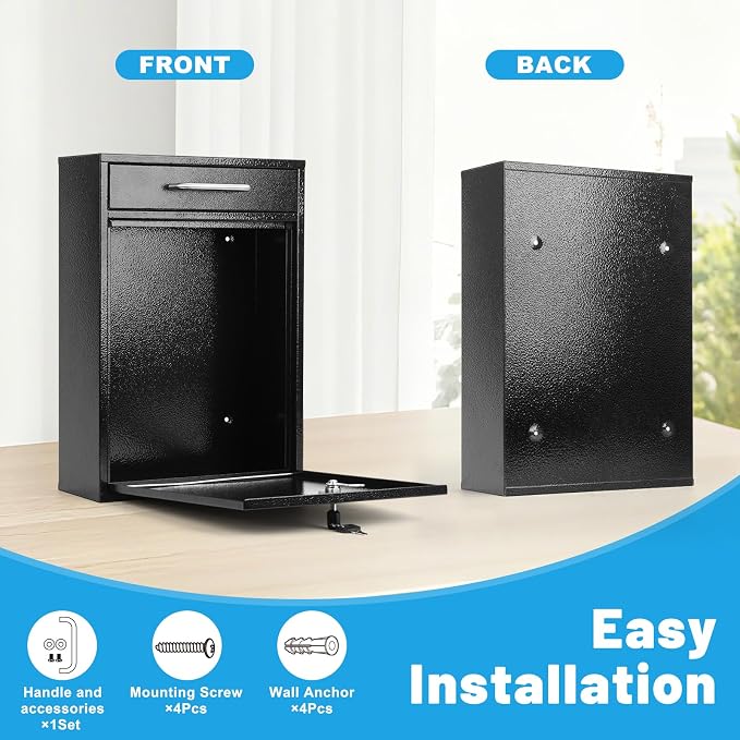 KYODOLED Steel Key Lock Mail Boxes Outdoor, Locking Wall Mount Mailbox, Security Lock Drop Box, Collection Boxes for Home, Office or Commercial,16.2H x 11.2L x 4.6W Inches, Black X Large