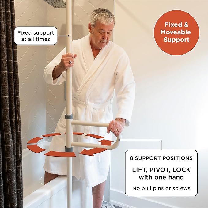 HEALTHCRAFT uPole with Pivot Bar (7-10 Feet) Transfer Pole for Seniors, Floor to Ceiling Grab Bar Tension-Mounted, Toilet Safety Grab Handle for Elderly, Bedroom Support Rail (300 Lb. Capacity)