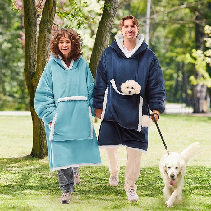 JOYWOO Turquoise Teal Wearable Blanket Hoodie, Oversized Cat Lovers Sweatshirt Blanket for Adult & Teens, Birthday Gifts for Women Men Mom Girl Boys,Cozy Sherpa Fuzzy Blanket Giant Pocket Gifts，Small