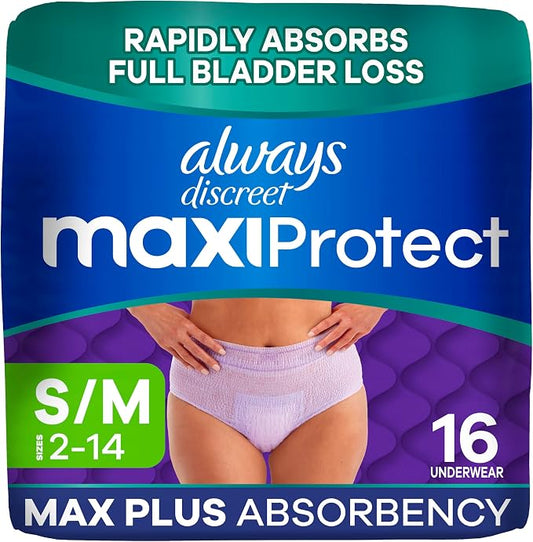 Always Discreet MaxiProtect Adult Diapers for Women, Incontinence Underwear, Scented, Postpartum Essentials, Bladder Leak Protection, Disposable Briefs, Maximum Plus Absorbency, Size S/M, 16 Count