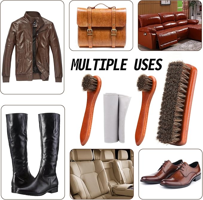 Unekez 4-Piece Horsehair Shoe Brush Shine Kit, Shoe Polish Kit, Leather Shoes Boot Cleaning Brush Care Clean Dauber Applicators