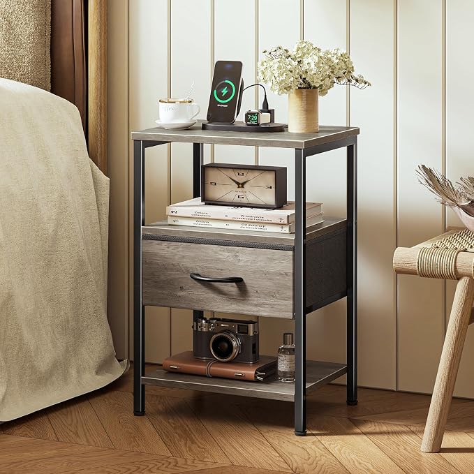 SUPERJARE Nightstand with Charging Station, USB-C Port, Bedside Table | Night Stand for Bedroom, with Adjustable Fabric Drawer, 3-Tier Storage End Table, for Living Room, Oak