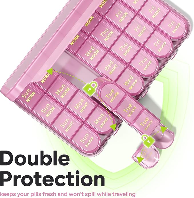 Daviky Pill Organizer 4 Times a Day - Pill Box 7 Day, Weekly Medicine Pill Organizer for Travel with Removable Containers, Pill Case to Hold Daily Vitamins, Supplements and Medication (Pink Purple)