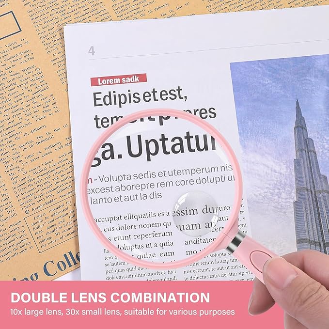 Feosky Handheld Reading Magnifier, 10X Magnifier, 90mm Shatterproof Lens, Non-Slip Handle for Adults Close Work, Seniors Reading and Nature Exploration, Hobby Observation(Pink)