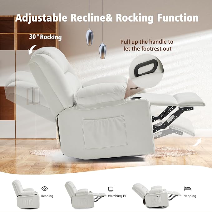 Ketaiyou Swivel Rocker Recliner Chair for Adults with Massage and Heat, Cup Holders and Side Pockets, Glider Rocking Reclining Single Sofa Chair for Living Room(Beige2)