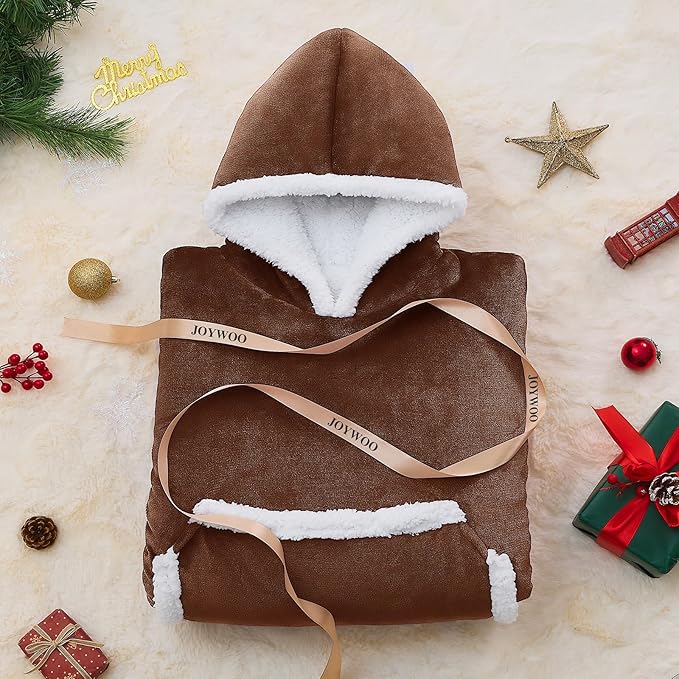 JOYWOO Brown Oversized Wearable Blanket Hoodie,Cat lovers Long Hoodie Blanket for Adult,Birthday Gifts for Women Men Grandpa,Cozy Fuzzy Sherpa Fleece Sweatshirt Hooded Blanket Giant Pocket,Oversize