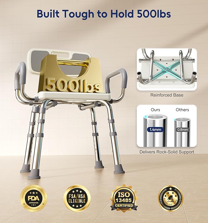 FSA & HSA Eligible Shower Chair for Inside Shower with Arms and Back, 500lbs Capacity Height Adjustable Shower Seat with Thickened Frame for Seniors, Elderly and Disabled