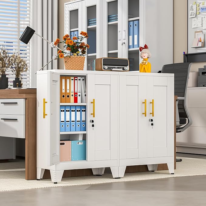 pozdeg 35.43" Lockable Metal Storage Cabinet, Steel Locker File Cabinet with 2 Doors ＆ 2 Adjustable Shelves, Multi-Purpose Organizer for Home, Office File Storage & Garage Locker (White)