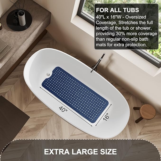Bath Tub and Shower Mats, Non Slip 40 x 16 Inch Extra Large Bathtub Mat, Machine Washable Bathmat with Drain Holes, Suction Cups for Bathroom Floor, Navy Blue